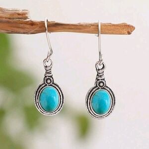 Turquoise Stone and Silver Dangle Drop Earrings